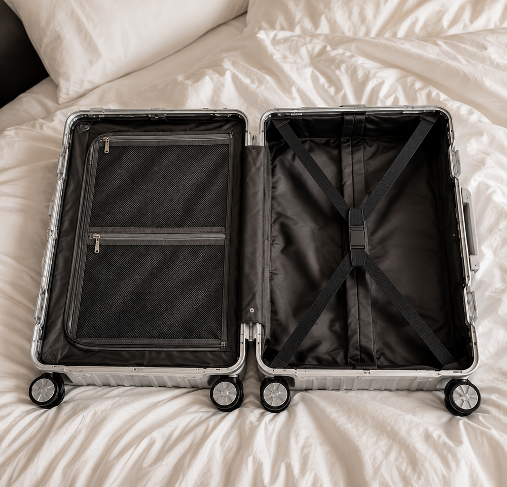 Club Cabin Suitcase open on a bed